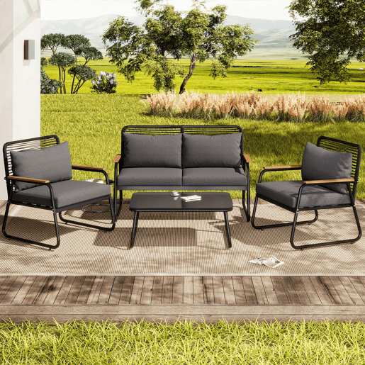 Conjunto de lounge de jardim para 4 pessoas - Estrutura metálica, mesa de vidro temperado, almofadas incluídas - Preto