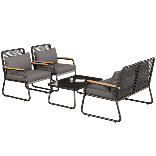 Conjunto de lounge de jardim para 4 pessoas - Estrutura metálica, mesa de vidro temperado, almofadas incluídas - Preto