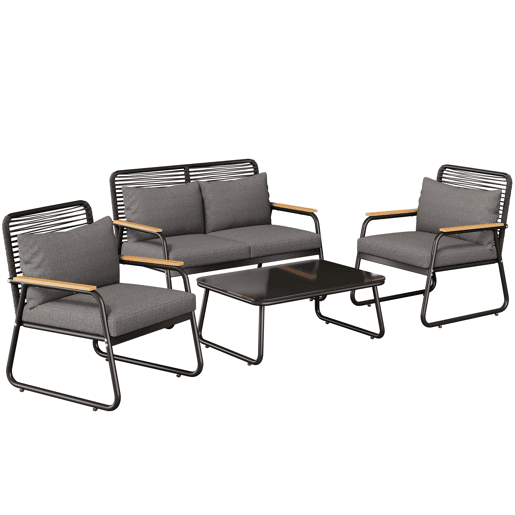 Conjunto de lounge de jardim para 4 pessoas - Estrutura metálica, mesa de vidro temperado, almofadas incluídas - Preto