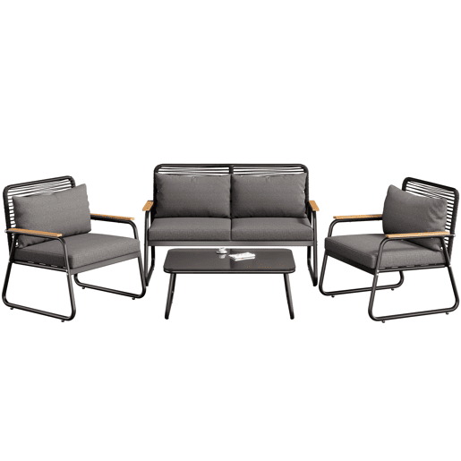 Conjunto de lounge de jardim para 4 pessoas - Estrutura metálica, mesa de vidro temperado, almofadas incluídas - Preto