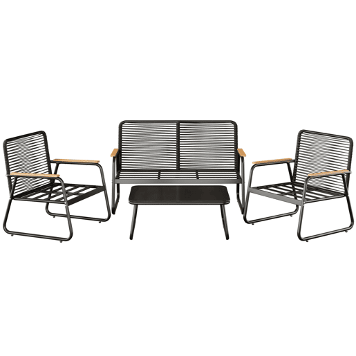 Conjunto de lounge de jardim para 4 pessoas - Estrutura metálica, mesa de vidro temperado, almofadas incluídas - Preto
