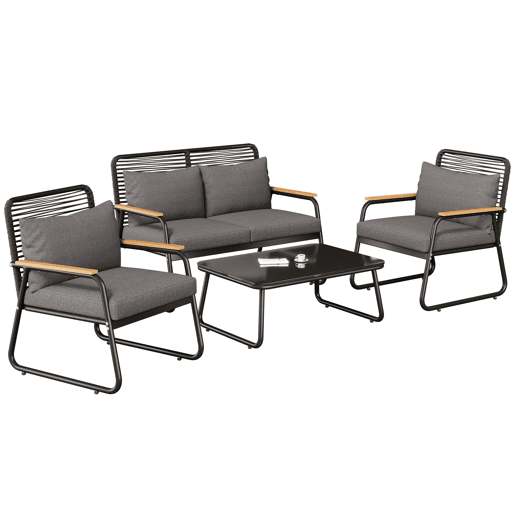 Conjunto de lounge de jardim para 4 pessoas - Estrutura metálica, mesa de vidro temperado, almofadas incluídas - Preto
