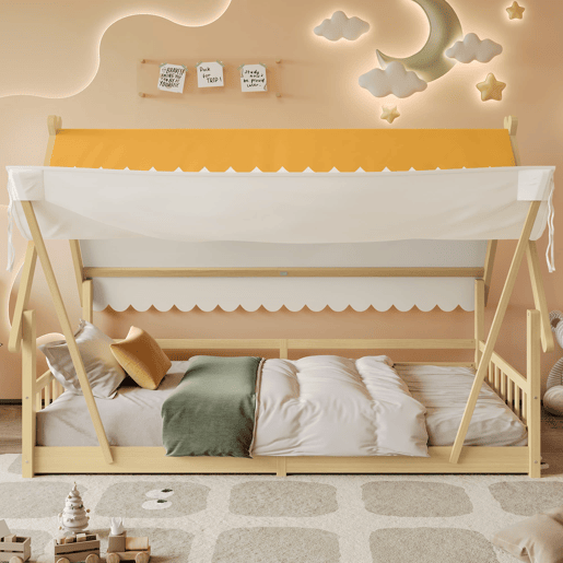 Cama infantil 90x200cm - Design em madeira, com grade e rodapé removível - Branco + Natural