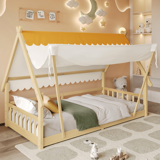 Cama infantil 90x200cm - Design em madeira, com grade e rodapé removível - Branco + Natural