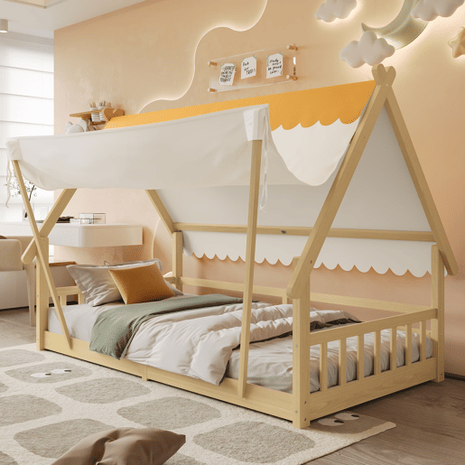 Cama infantil 90x200cm - Design em madeira, com grade e rodapé removível - Branco + Natural