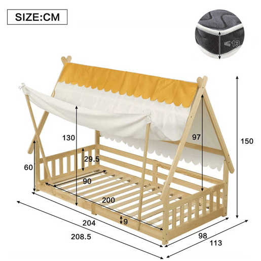Cama infantil 90x200cm - Design em madeira, com grade e rodapé removível - Branco + Natural