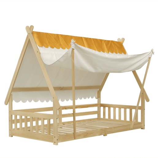 Cama infantil 90x200cm - Design em madeira, com grade e rodapé removível - Branco + Natural