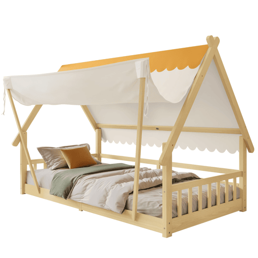 Cama infantil 90x200cm - Design em madeira, com grade e rodapé removível - Branco + Natural