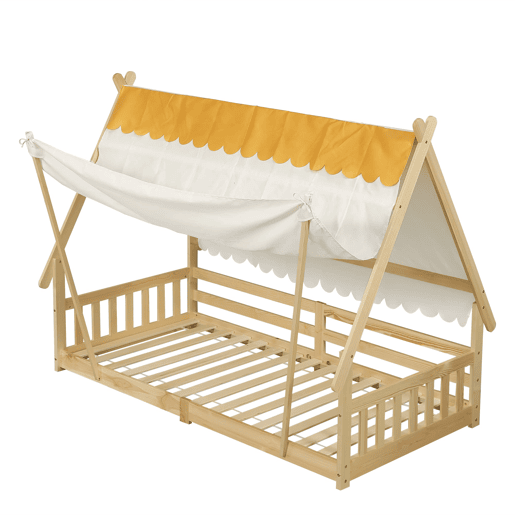 Cama infantil 90x200cm - Design em madeira, com grade e rodapé removível - Branco + Natural