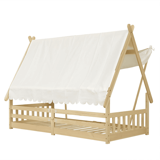 Cama infantil 90x200cm - Design em madeira, com grade e rodapé removível - Branco + Natural