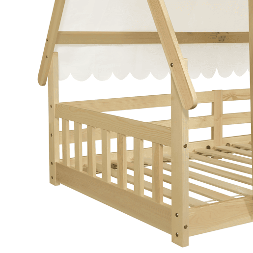 Cama infantil 90x200cm - Design em madeira, com grade e rodapé removível - Branco + Natural