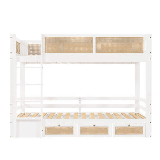 Beliche 90x200cm - Com três gavetas com rodízios, grades de proteção seguras, design com cercadinho - Branco + Natural