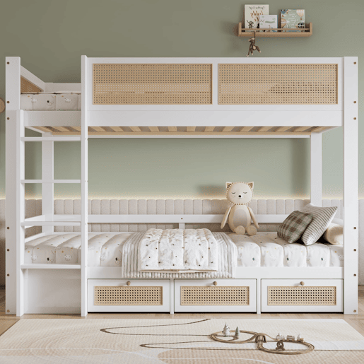 Beliche 90x200cm - Com três gavetas com rodízios, grades de proteção seguras, design com cercadinho - Branco + Natural
