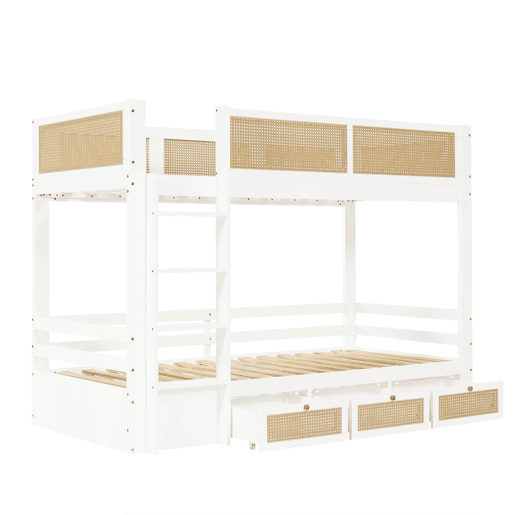Beliche 90x200cm - Com três gavetas com rodízios, grades de proteção seguras, design com cercadinho - Branco + Natural