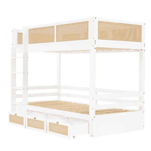 Beliche 90x200cm - Com três gavetas com rodízios, grades de proteção seguras, design com cercadinho - Branco + Natural
