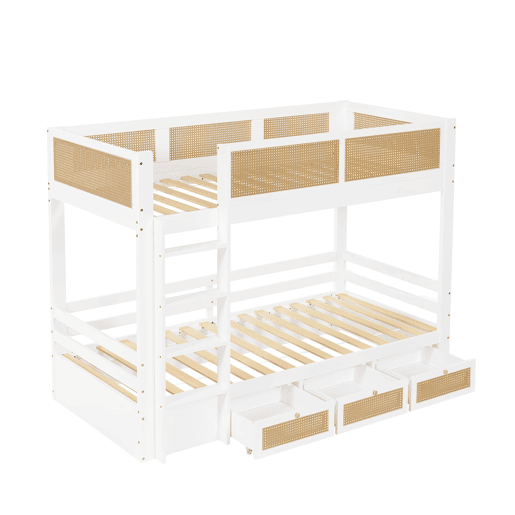 Beliche 90x200cm - Com três gavetas com rodízios, grades de proteção seguras, design com cercadinho - Branco + Natural