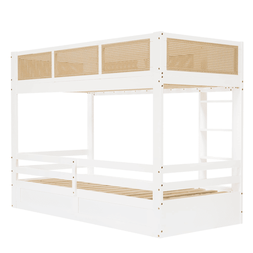 Beliche 90x200cm - Com três gavetas com rodízios, grades de proteção seguras, design com cercadinho - Branco + Natural