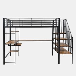 Cama loft 120x200 cm - Com porta de carregamento, escada confortável e segura, área de secretária - Preto + Nogueira escura