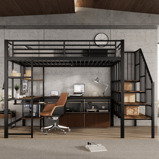 Cama loft 120x200 cm - Com porta de carregamento, escada confortável e segura, área de secretária - Preto + Nogueira escura Cama loft 120x200 cm - Com porta de carregamento, escada confortável e segura, área de secretária - Preto + Nogueira escura