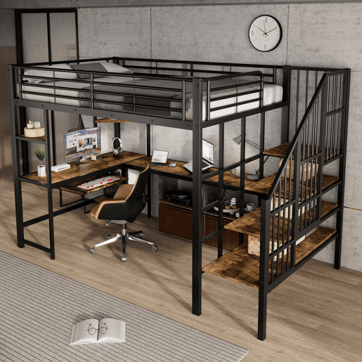 Cama loft 120x200 cm - Com porta de carregamento, escada confortável e segura, área de secretária - Preto + Nogueira escura Cama loft 120x200 cm - Com porta de carregamento, escada confortável e segura, área de secretária - Preto + Nogueira escura