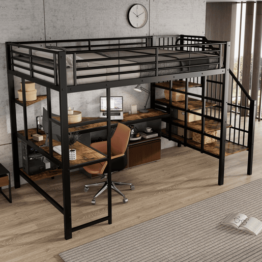 Cama loft 120x200 cm - Com porta de carregamento, escada confortável e segura, área de secretária - Preto + Nogueira escura Cama loft 120x200 cm - Com porta de carregamento, escada confortável e segura, área de secretária - Preto + Nogueira escura