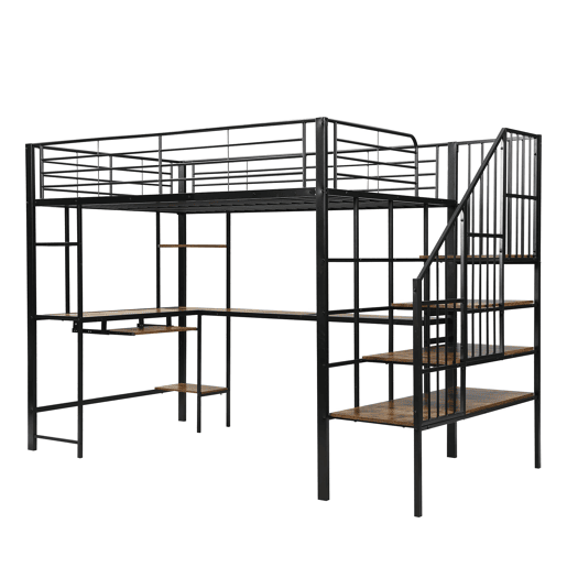 Cama loft 120x200 cm - Com porta de carregamento, escada confortável e segura, área de secretária - Preto + Nogueira escura Cama loft 120x200 cm - Com porta de carregamento, escada confortável e segura, área de secretária - Preto + Nogueira escura
