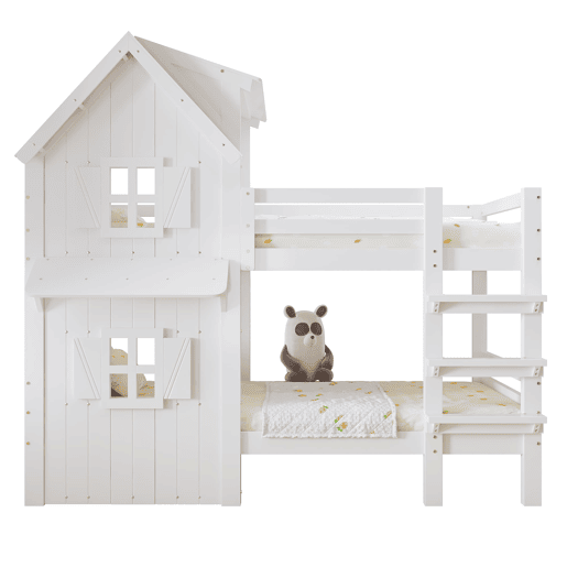 Beliche 90x200 cm - Janelas decorativas, grades laterais, escada com 3 degraus - Branco Beliche 90x200 cm - Janelas decorativas, grades laterais, escada com 3 degraus - Branco