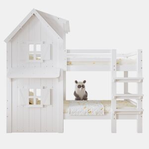 Beliche 90x200 cm - Janelas decorativas, grades laterais, escada com 3 degraus - Branco