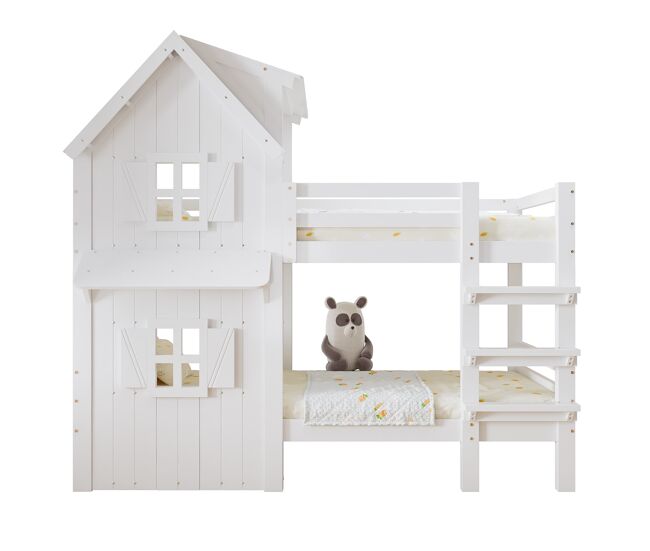Cama litera 90x200 cm - ventanas decorativas, barandillas laterales, escalera de 3 peldaños - blanco