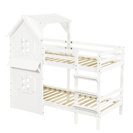 Beliche 90x200 cm - Janelas decorativas, grades laterais, escada com 3 degraus - Branco Beliche 90x200 cm - Janelas decorativas, grades laterais, escada com 3 degraus - Branco