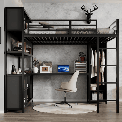 Cama loft 140x200 cm - Com secretária, armário e arrumação - Preto