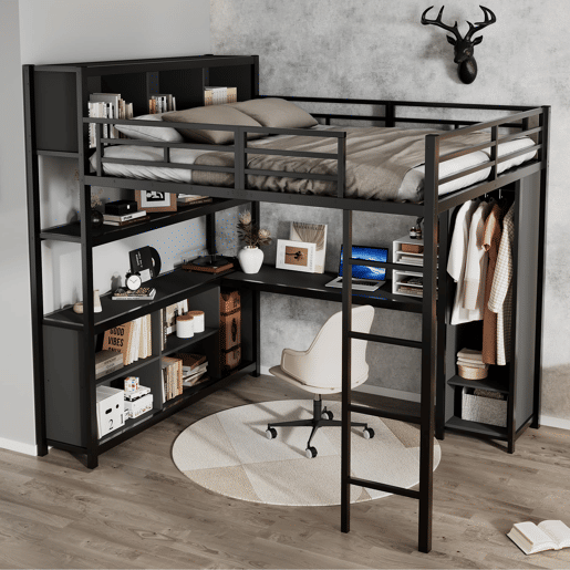 Cama loft 140x200 cm - Com secretária, armário e arrumação - Preto