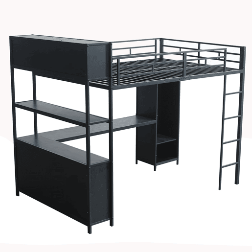 Cama loft 140x200 cm - Com secretária, armário e arrumação - Preto
