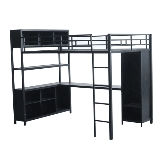 Cama loft 140x200 cm - Com secretária, armário e arrumação - Preto