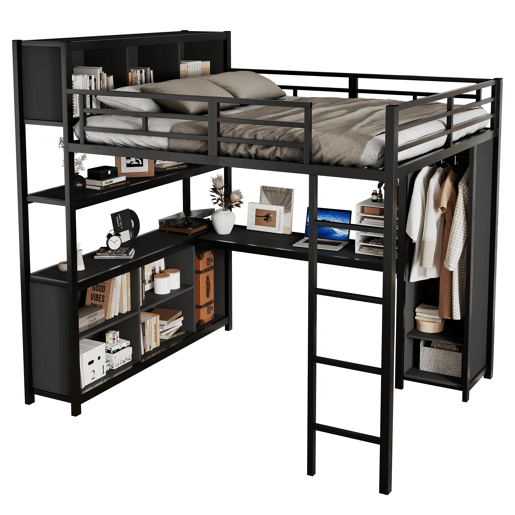 Cama loft 140x200 cm - Com secretária, armário e arrumação - Preto