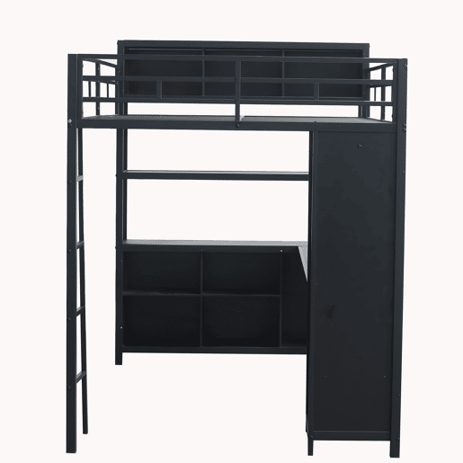 Cama loft 140x200 cm - Com secretária, armário e arrumação - Preto