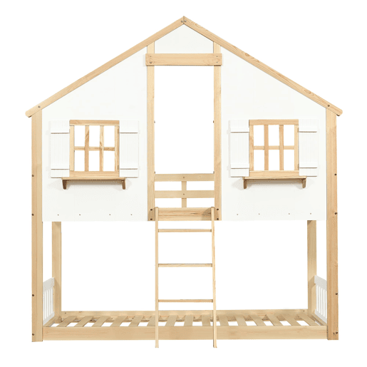 Beliche infantil 90x200 cm - Janelas e teto decorativos, base estável, grades laterais - Branco + Natural
