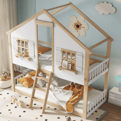 Beliche infantil 90x200 cm - Janelas e teto decorativos, base estável, grades laterais - Branco + Natural