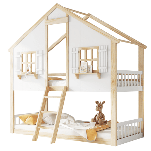 Beliche infantil 90x200 cm - Janelas e teto decorativos, base estável, grades laterais - Branco + Natural