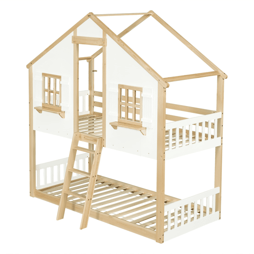 Beliche infantil 90x200 cm - Janelas e teto decorativos, base estável, grades laterais - Branco + Natural