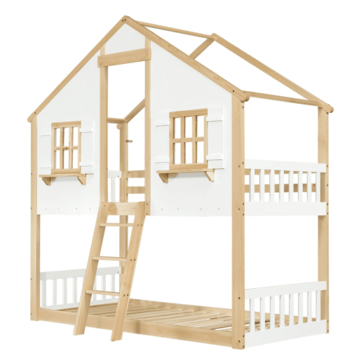 Beliche infantil 90x200 cm - Janelas e teto decorativos, base estável, grades laterais - Branco + Natural