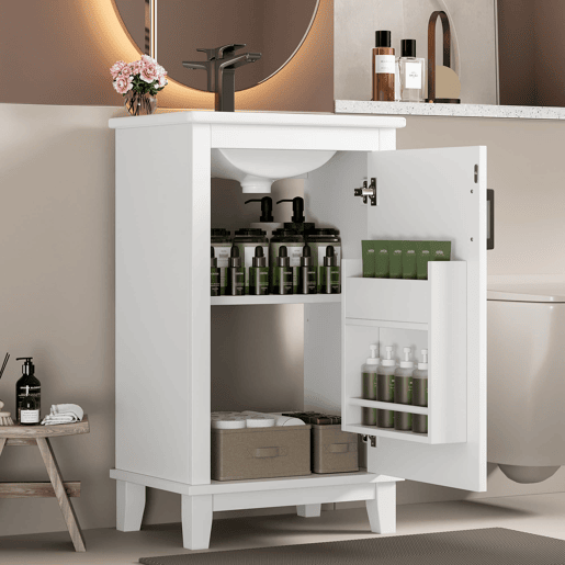 Móvel de casa de banho 51x34x83 cm - Com lavatório cerâmico integrado, prateleiras ajustáveis, cor branca