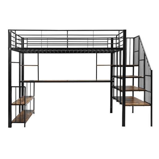 Cama loft 120x200cm - Escada lateral com corrimão, porta de carga, cabides, prateleira, proteção contra tombamento - Preto + Nogueira Escura Cama loft 120x200cm - Escada lateral com corrimão, porta de carga, cabides, prateleira, proteção contra tombamento - Preto + Nogueira Escura