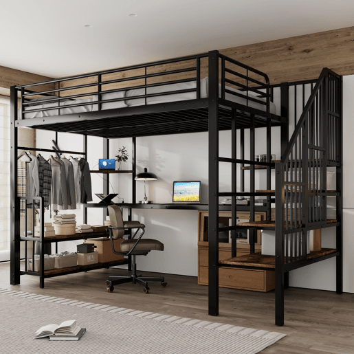 Cama loft 120x200cm - Escada lateral com corrimão, porta de carga, cabides, prateleira, proteção contra tombamento - Preto + Nogueira Escura Cama loft 120x200cm - Escada lateral com corrimão, porta de carga, cabides, prateleira, proteção contra tombamento - Preto + Nogueira Escura