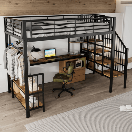 Cama loft 120x200cm - Escada lateral com corrimão, porta de carga, cabides, prateleira, proteção contra tombamento - Preto + Nogueira Escura Cama loft 120x200cm - Escada lateral com corrimão, porta de carga, cabides, prateleira, proteção contra tombamento - Preto + Nogueira Escura