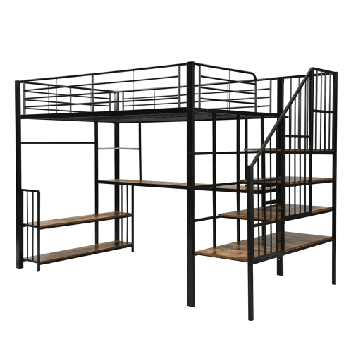 Cama loft 120x200cm - Escada lateral com corrimão, porta de carga, cabides, prateleira, proteção contra tombamento - Preto + Nogueira Escura Cama loft 120x200cm - Escada lateral com corrimão, porta de carga, cabides, prateleira, proteção contra tombamento - Preto + Nogueira Escura