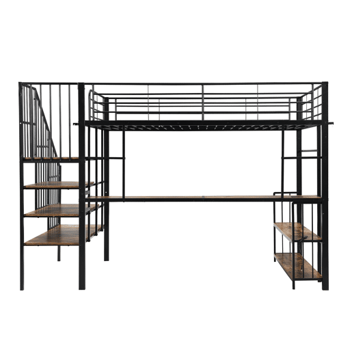 Cama loft 120x200cm - Escada lateral com corrimão, porta de carga, cabides, prateleira, proteção contra tombamento - Preto + Nogueira Escura Cama loft 120x200cm - Escada lateral com corrimão, porta de carga, cabides, prateleira, proteção contra tombamento - Preto + Nogueira Escura