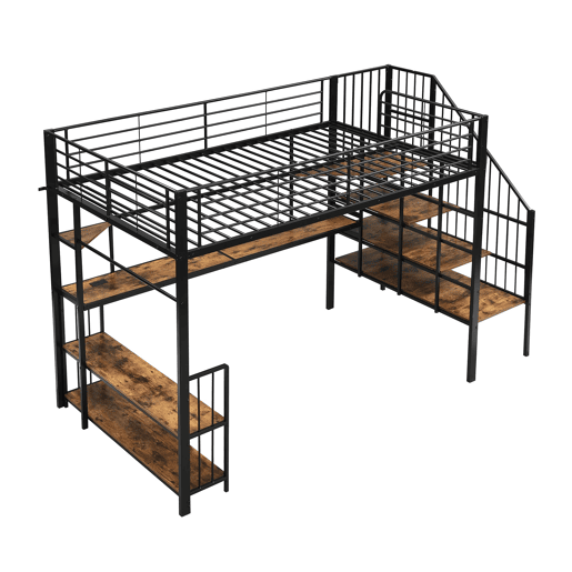 Cama loft 120x200cm - Escada lateral com corrimão, porta de carga, cabides, prateleira, proteção contra tombamento - Preto + Nogueira Escura Cama loft 120x200cm - Escada lateral com corrimão, porta de carga, cabides, prateleira, proteção contra tombamento - Preto + Nogueira Escura