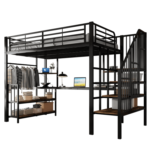 Cama loft 120x200cm - Escada lateral com corrimão, porta de carga, cabides, prateleira, proteção contra tombamento - Preto + Nogueira Escura Cama loft 120x200cm - Escada lateral com corrimão, porta de carga, cabides, prateleira, proteção contra tombamento - Preto + Nogueira Escura