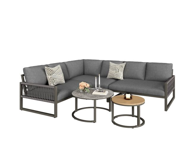 Conjunto jardín 6-7 personas - sofá rinconero, estructura metálica, cojines incluidos - gris